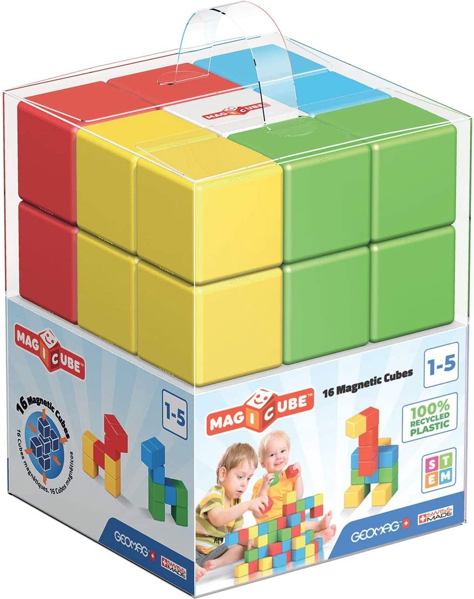 Geomag magicube linea verde - mattoncini magnetici riciclati - 16 pezzi - da 1 anno