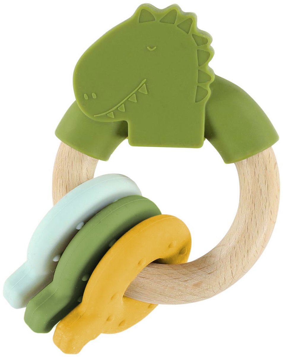 Trixie houten actviteitenring met silicone mr. dino – 0m+ – bijtspeelgoed - leuk als kraamcadeau
