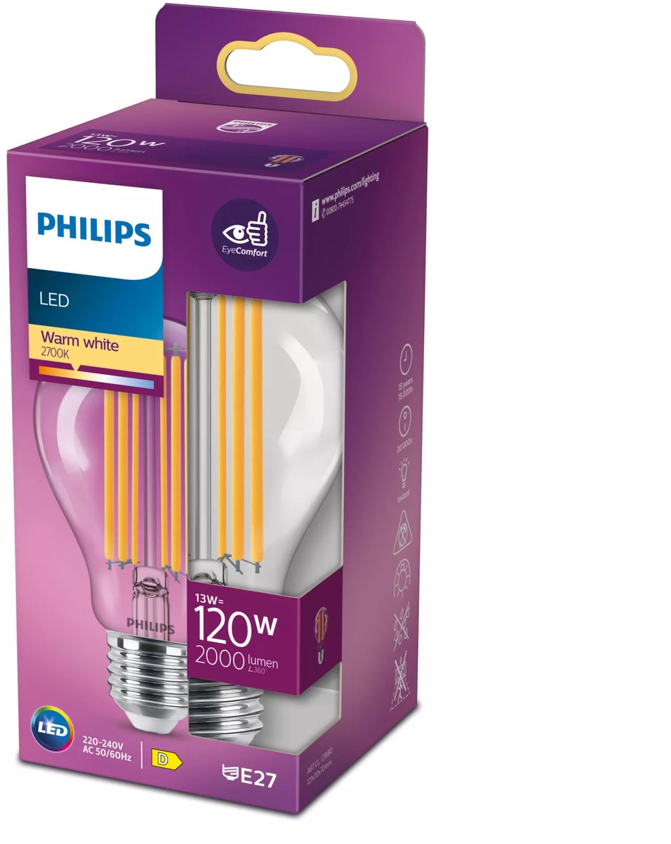 Lámpara LED Philips transparente - 120 W - E27 - luz blanca cálida
