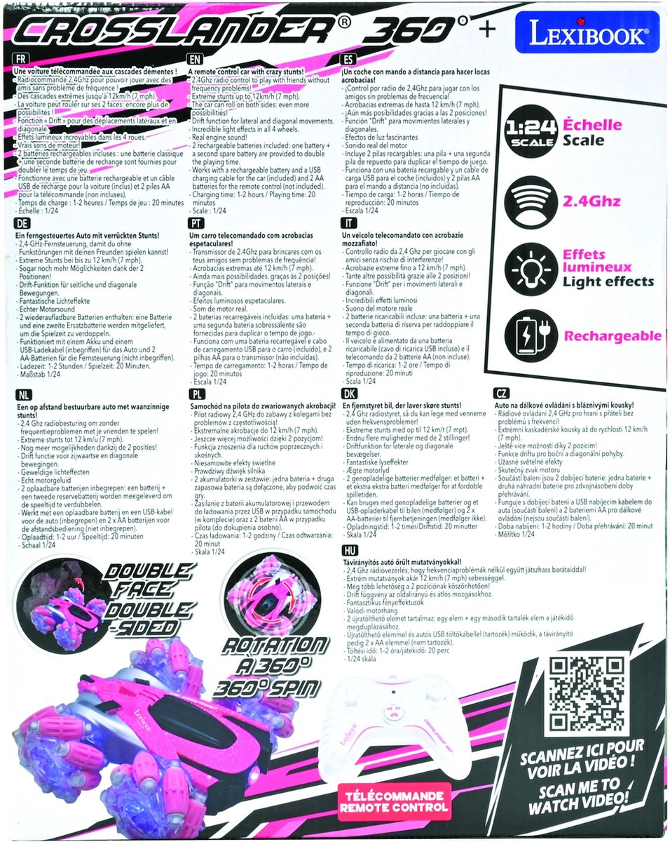 Lexibook crosslander® 360+ - auto acrobatica rosa radiocomandata, ricaricabile e programmabile con illuminazione.