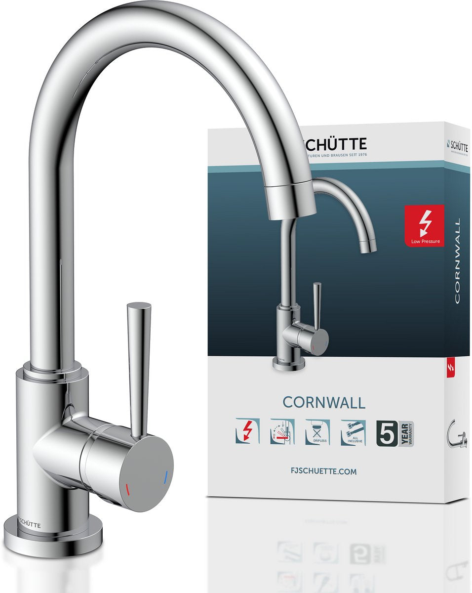 Rubinetto cucina Schütte Cornwall di design per scaldabagno con bocca libera - bassa pressione - miscelatore - bocca alta girevole - maniglia laterale - cromo