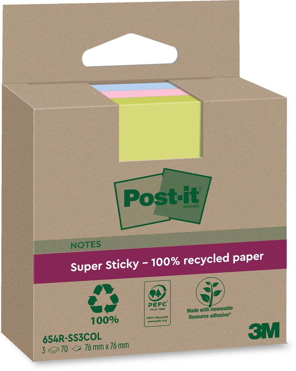 Post-it super sticky notes recycled | 70 vel | ft 76 x 76 mm | assorti | pak van 3 blokken