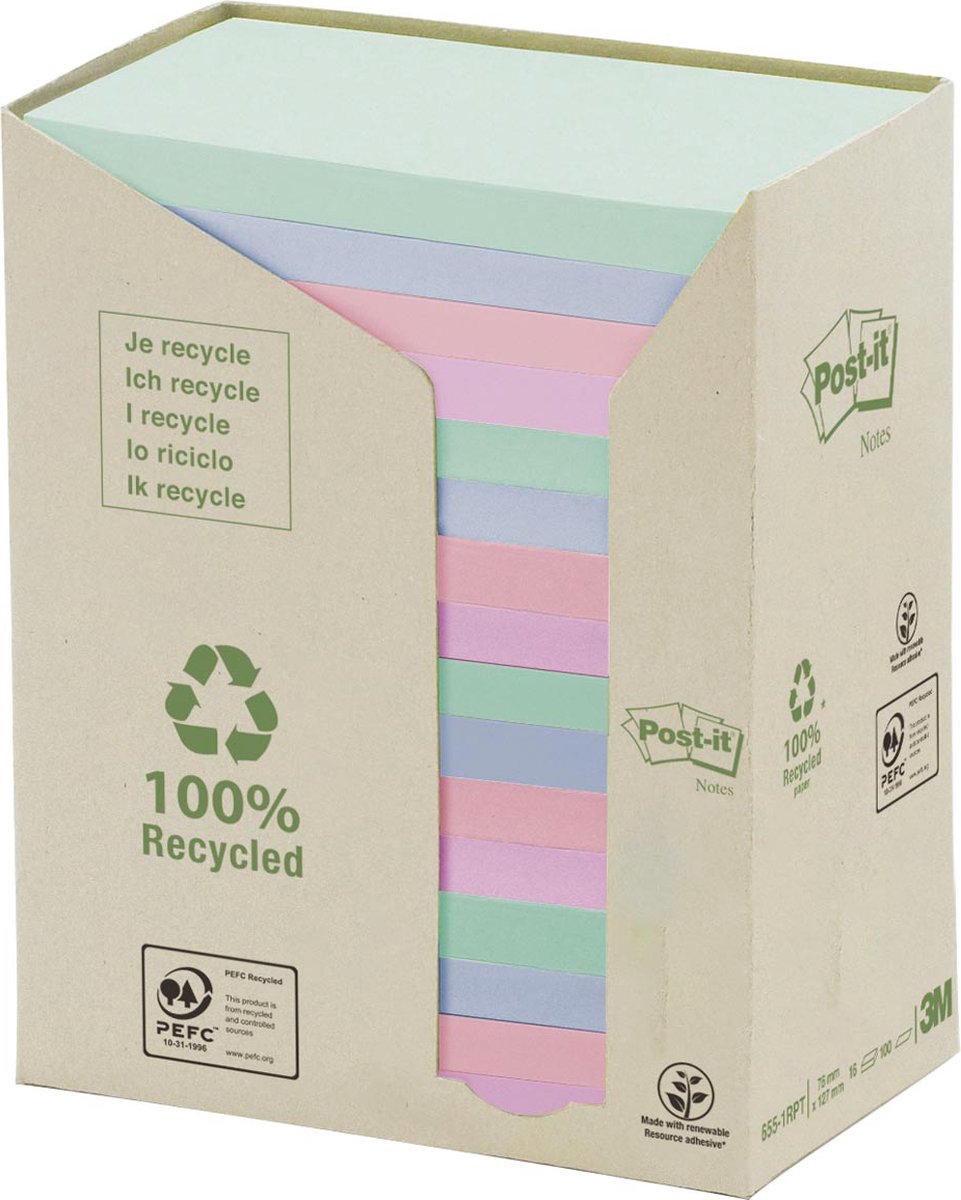 Notas Post-it ®, recicladas, torre, arcoíris, 76 x 127 mm, 16 bloques, sin envoltorio x, bloque de 100 hojas