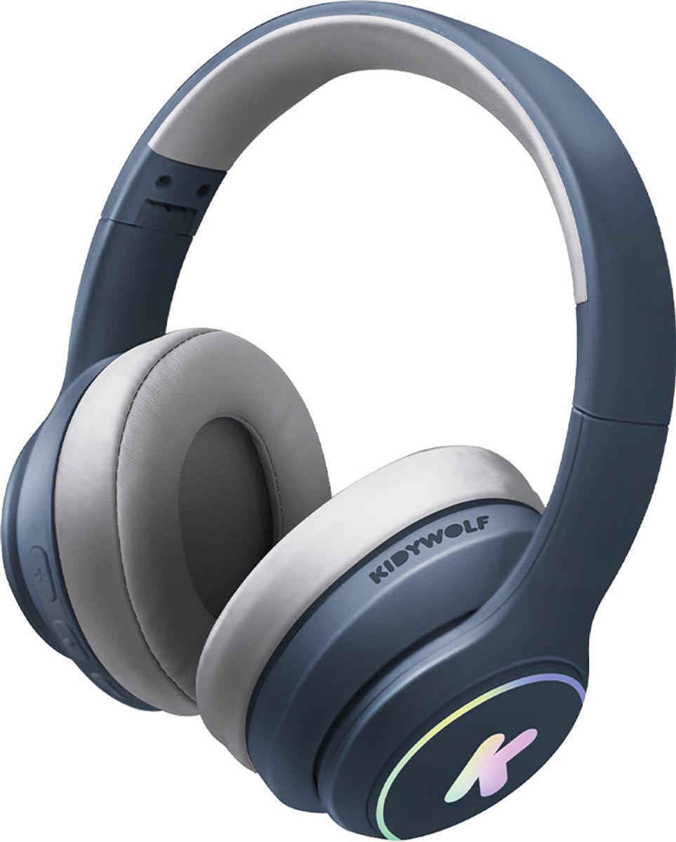 Kidywolf k-ears cuffie bluetooth per bambini blu - limite volume 85db, pieghevoli wireless, LED