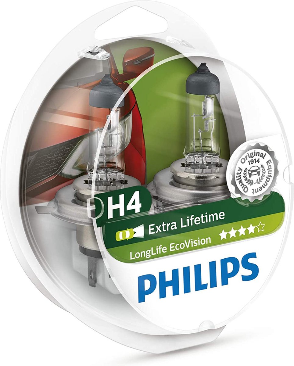 Philips h4 - reservelampen – longlife ecovision - 12v 60 55w - 2 stuks