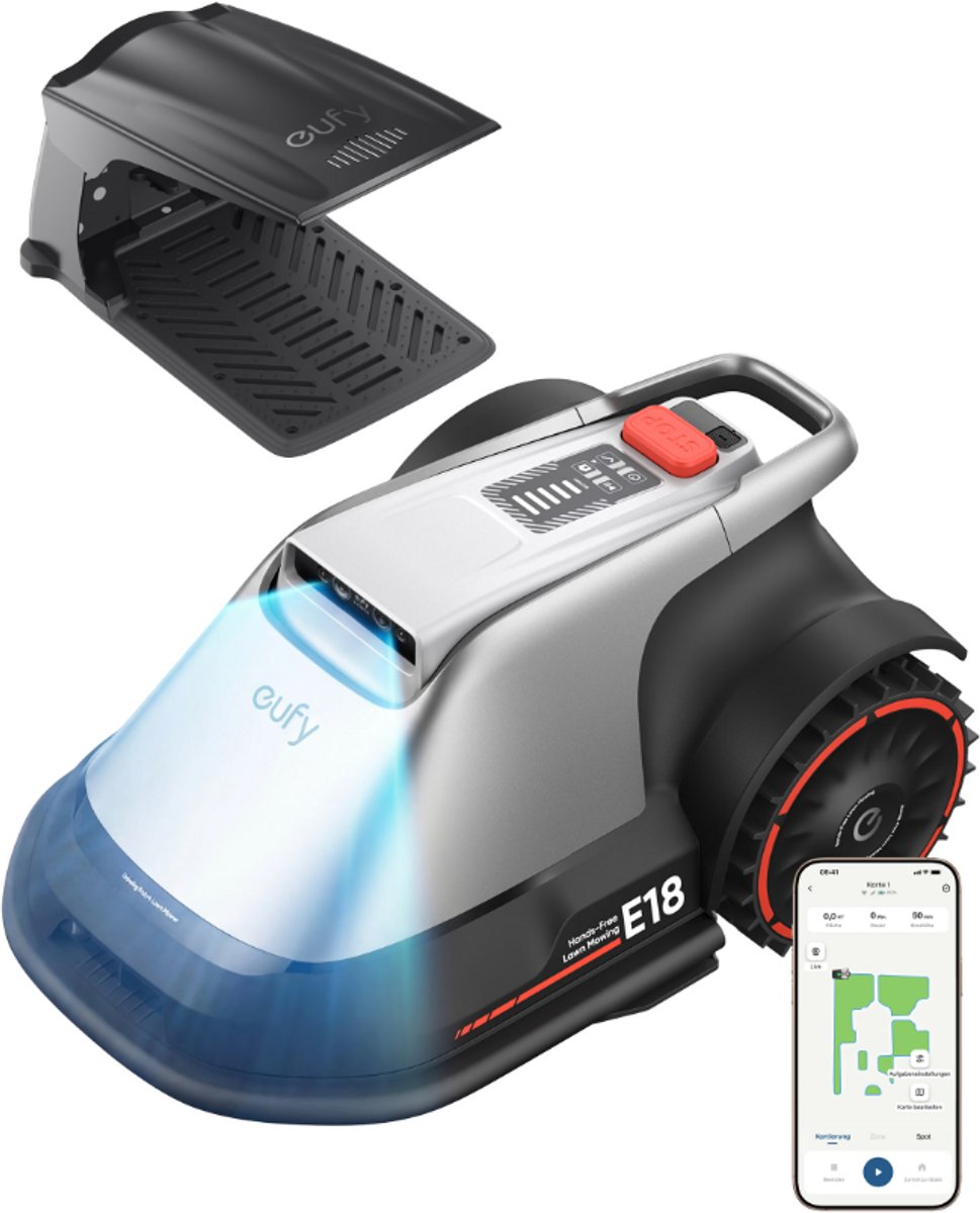 Robot cortacésped Eufy e18 - inalámbrico - sin RTK - sin problemas de señal - configuración en 5 minutos - mapeo automático hasta 1200 m2 - evitación de obstáculos - borde para montar - control mediante aplicación - con funda para lluvia