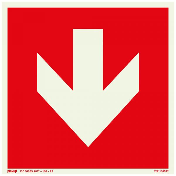Placa roja con flecha FTLM - 150x150 mm autoadhesivo.