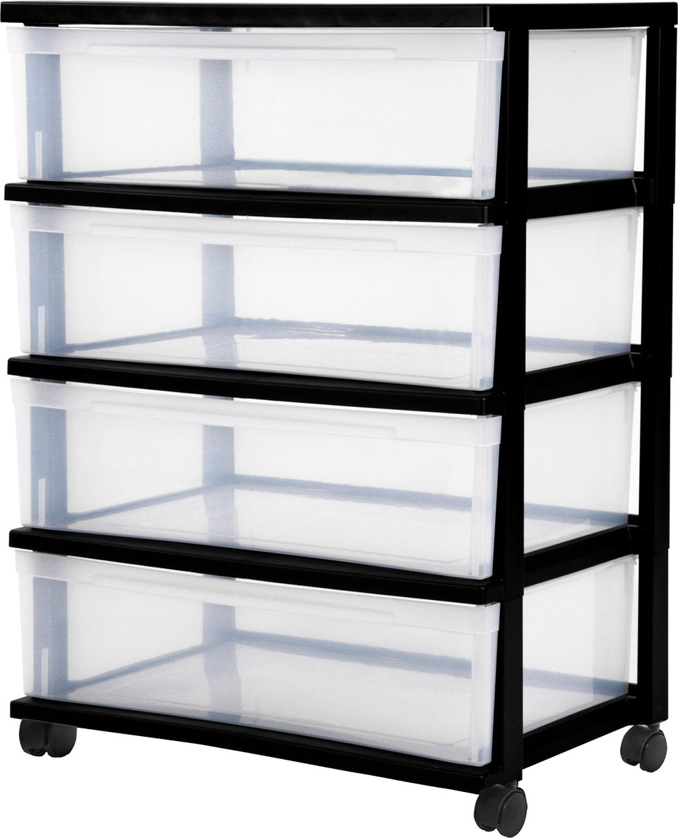 Nuovo sistema di cassettiere Iris Wide - 4 cassetti x 30 l - plastica - nero trasparente - con ruote