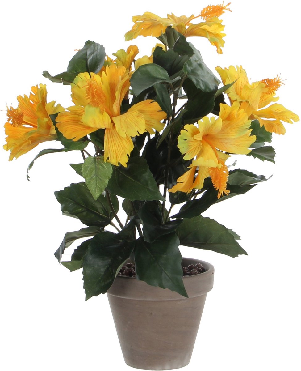 Mica decorations kunstplant hibiscus - geel - h40 x d30 cm - grijze pot - kunstplanten nepplanten met bloemen