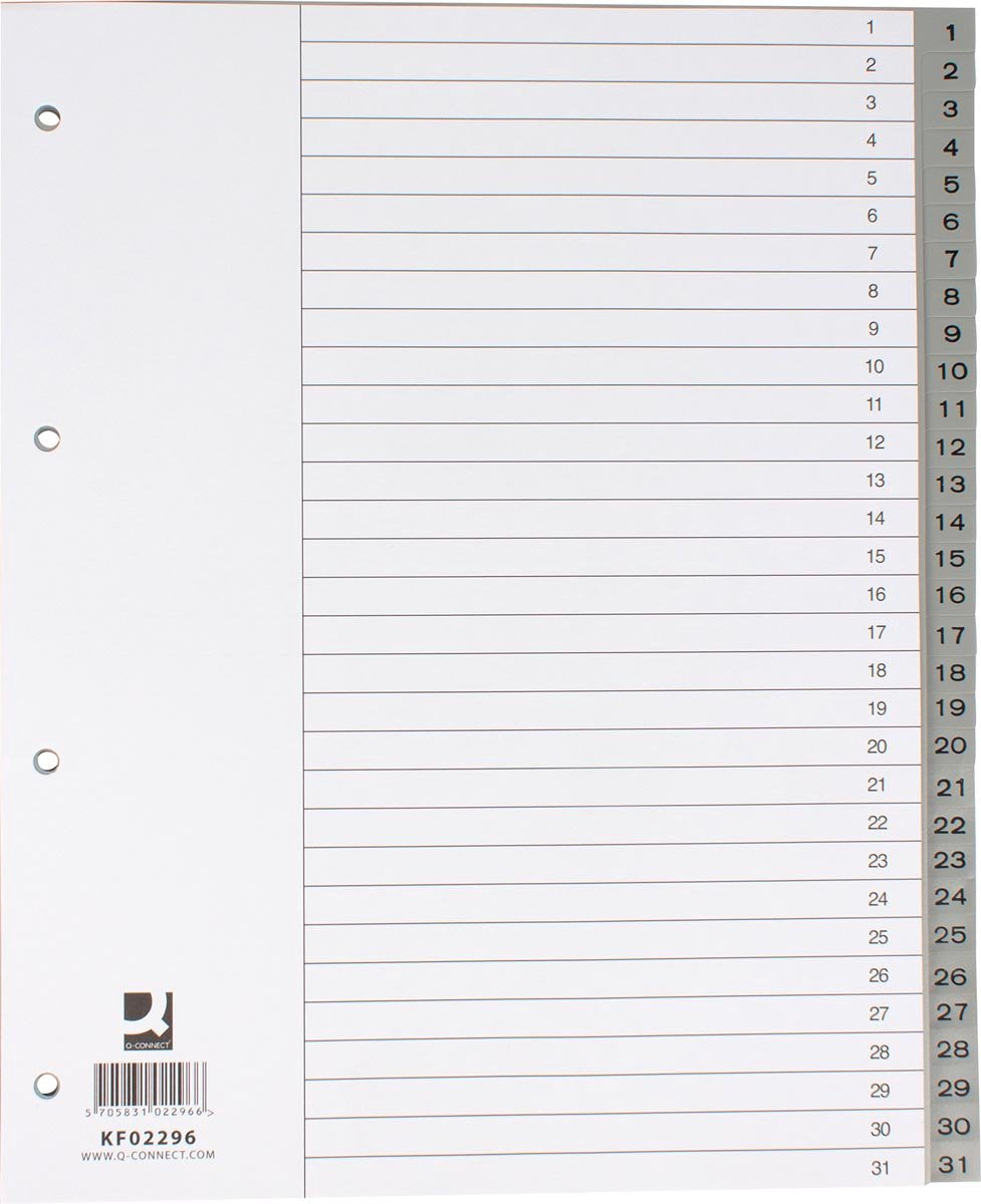 Fichas numéricas Q-connect, a4, páginas, 1-31, con hoja índice, gris