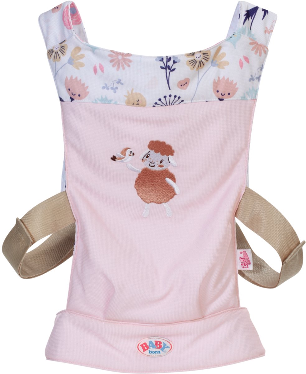 Portamuñecos baby born estampado floral rosa correa ajustable 36-43cm.