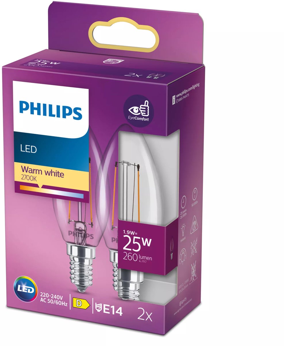 Philips led lamp - kaarslamp met e14 fitting - warmwit licht: 2700k - 25w - helder glas - 2-pack