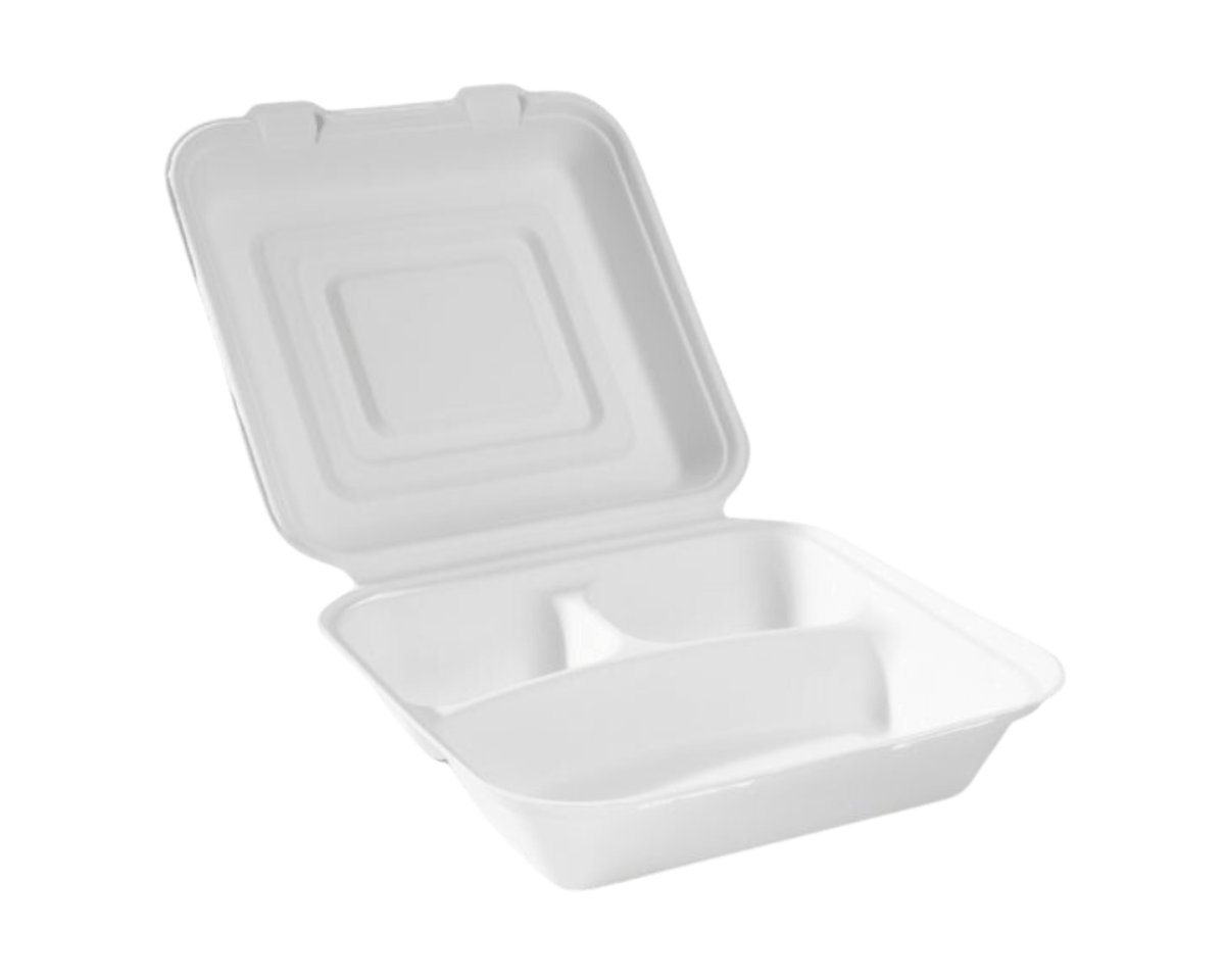 Caja menú para llevar 3 compartimentos caña de azúcar sin pfas (50 piezas)