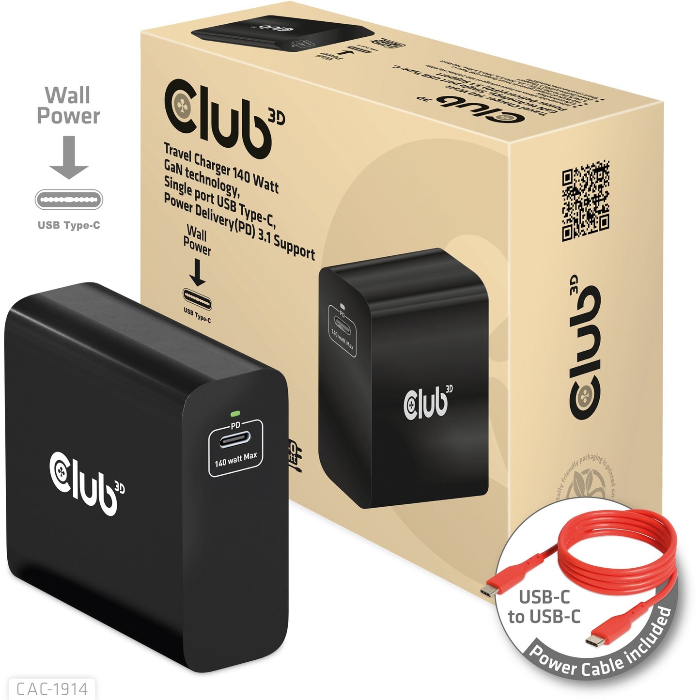 Club 3D Travel Charger 140 Watt Gan Technology, Single POR