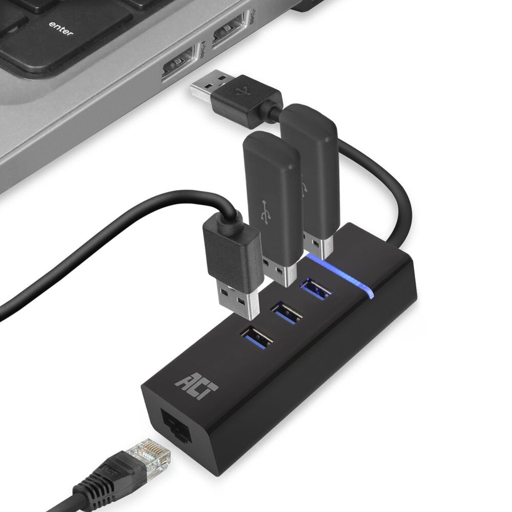 Connettività ACT USB Hub 3.2 3x USB-A Ethernet, Black