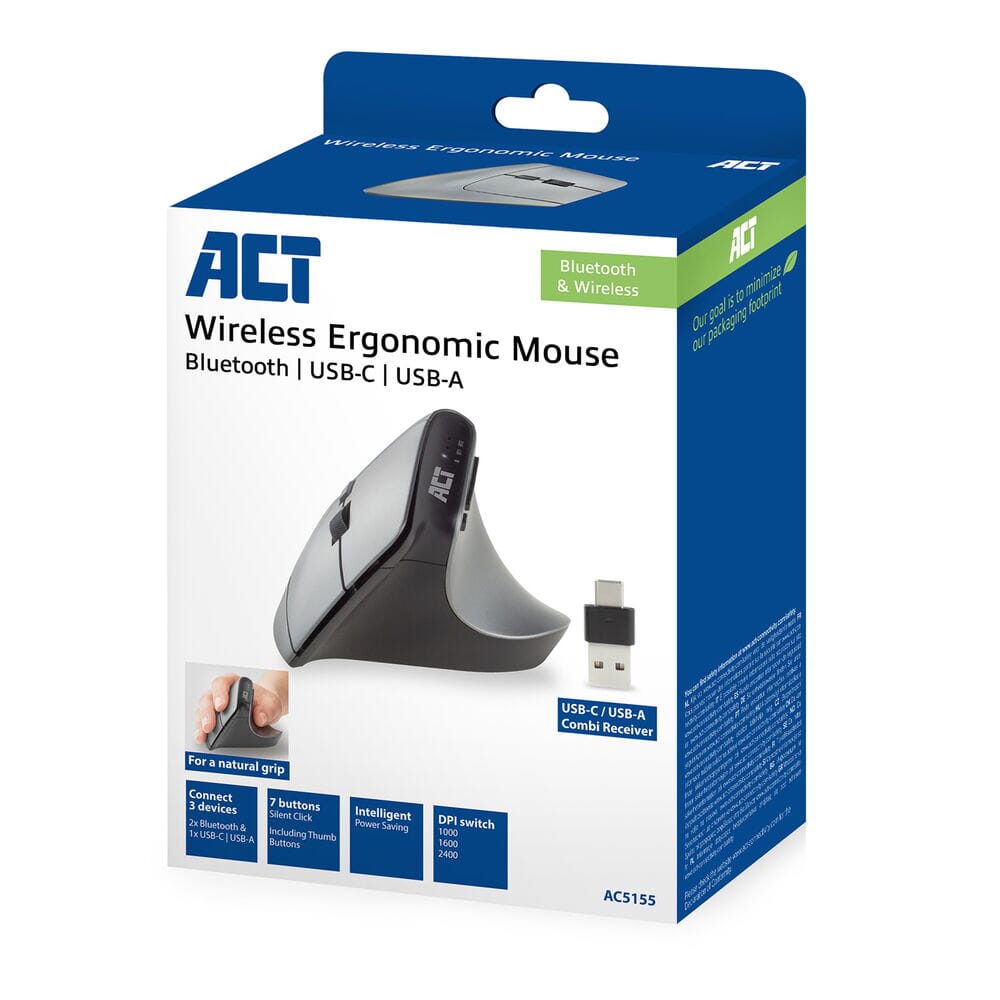 ACT Connettività Wireless Mouse ergonomico con Bluetooth e USB-C