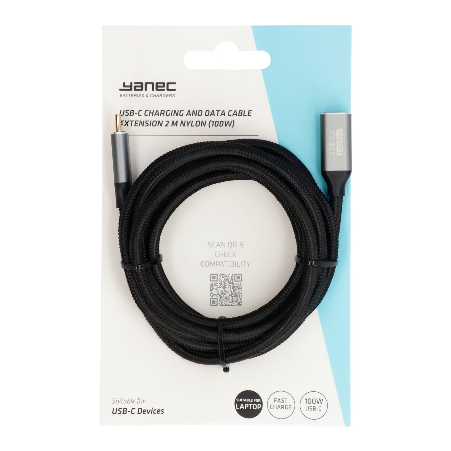Cable alargador de carga y datos USB-C Yanec 2m nylon (100w)