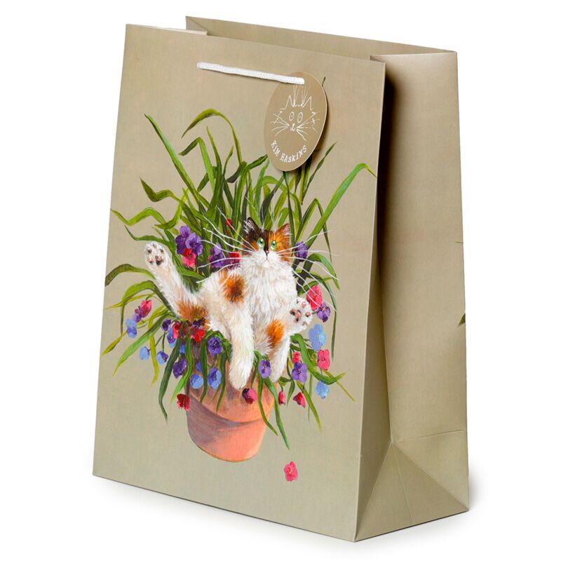 Kim Haskins Cat in PlancePot Green - borsa regalo grande