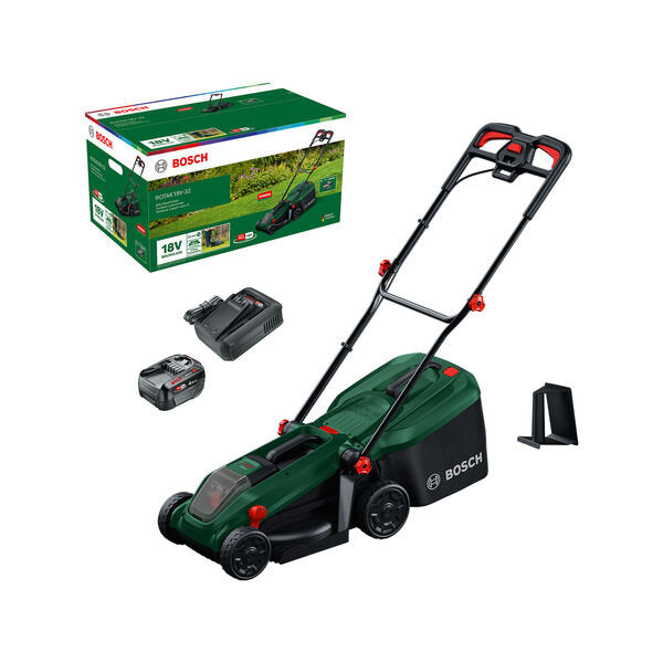 Cortacésped a batería verde Bosch rotak 18v-32 | incluido 1 batería de iones de litio de 18 v (4,0 ah) + cargador al18v-44 + enchufe para abono - 06008b9p00