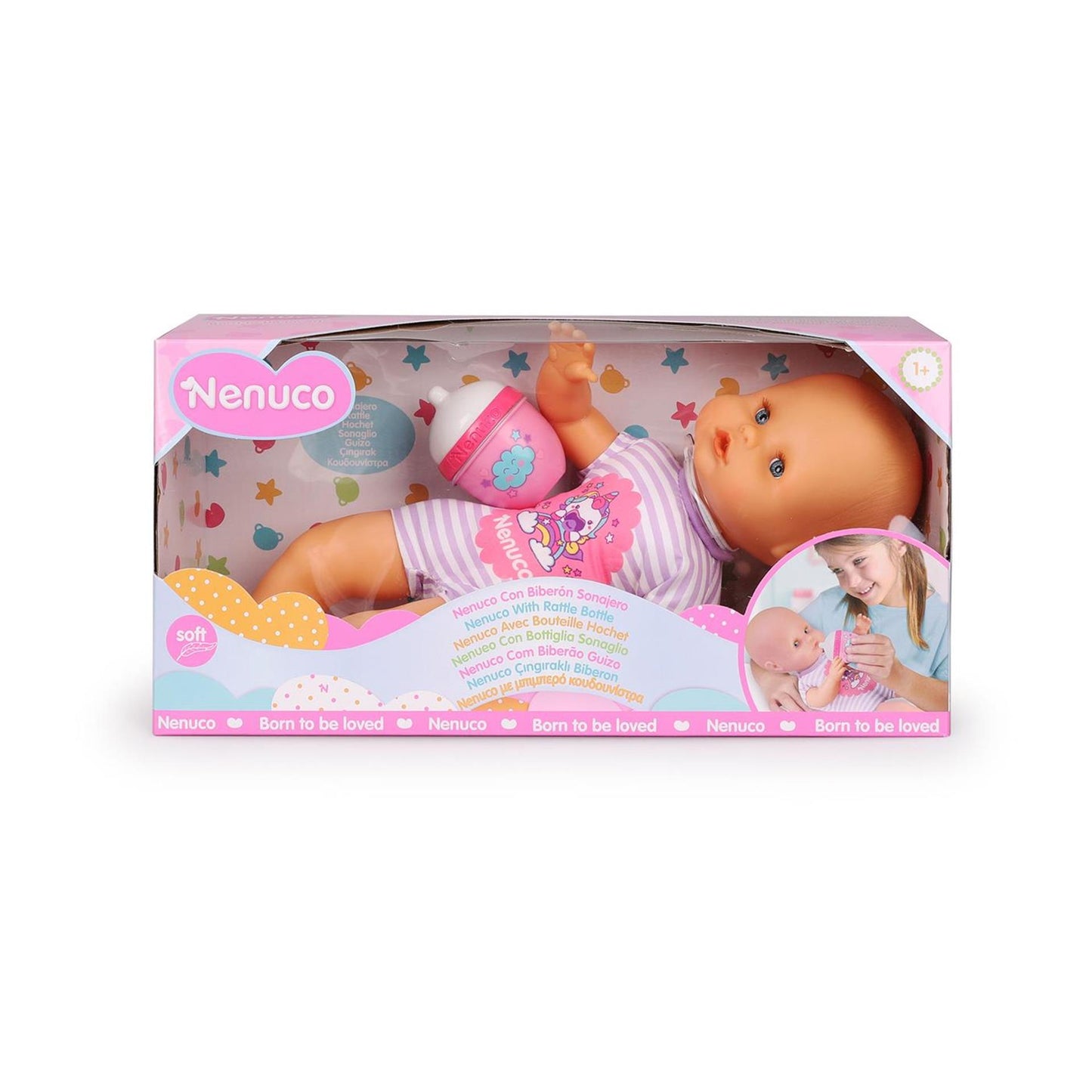 Nenuco babypop con un cuerpo suave púrpura de aproximadamente 32 cm de tamaño