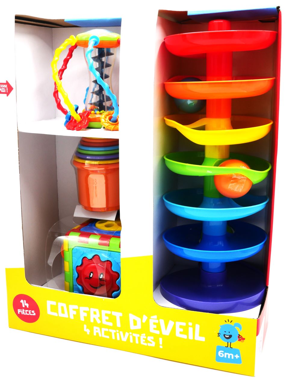 Set de regalo para bebés de 4 partes con el marco de cuentas de tazas de torre de pelota y juega cubo.