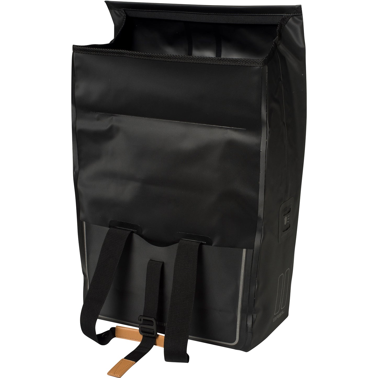 Basil Urban Dry Shopper: comprador de bicicletas impermeable, detalles de cuero vegano, cierre ajustable, reflexión, negro mate