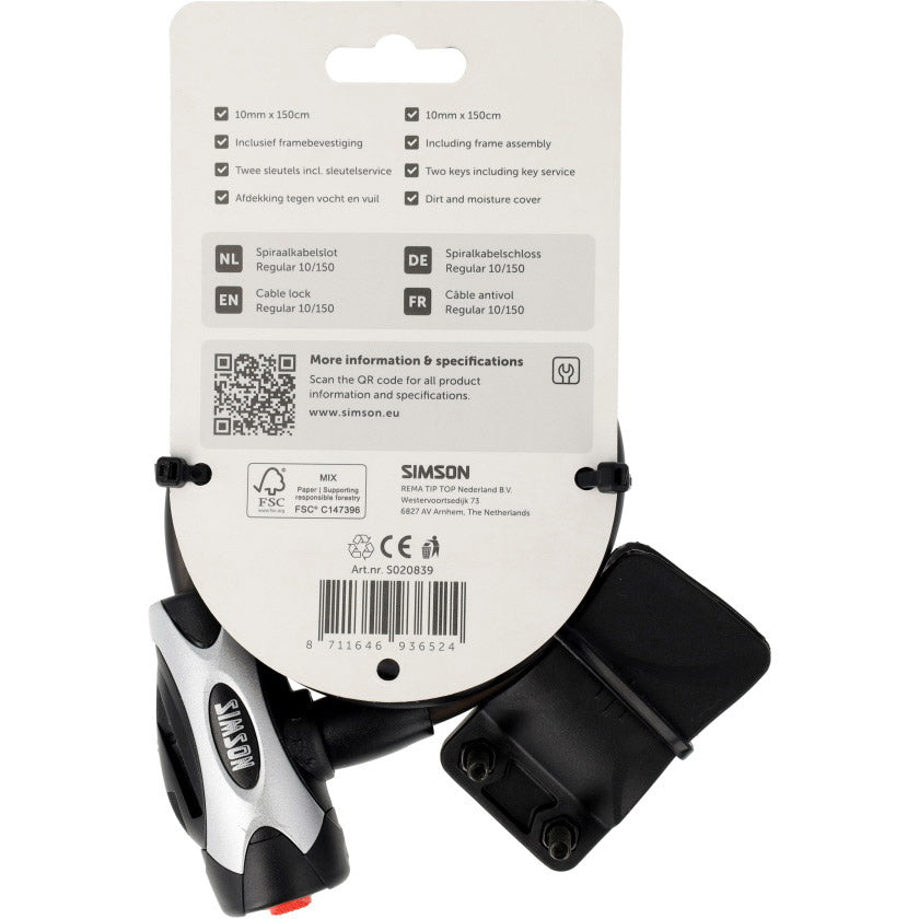 Candado de cable en espiral Simson tamaño regular xl 10mm x 150cm
