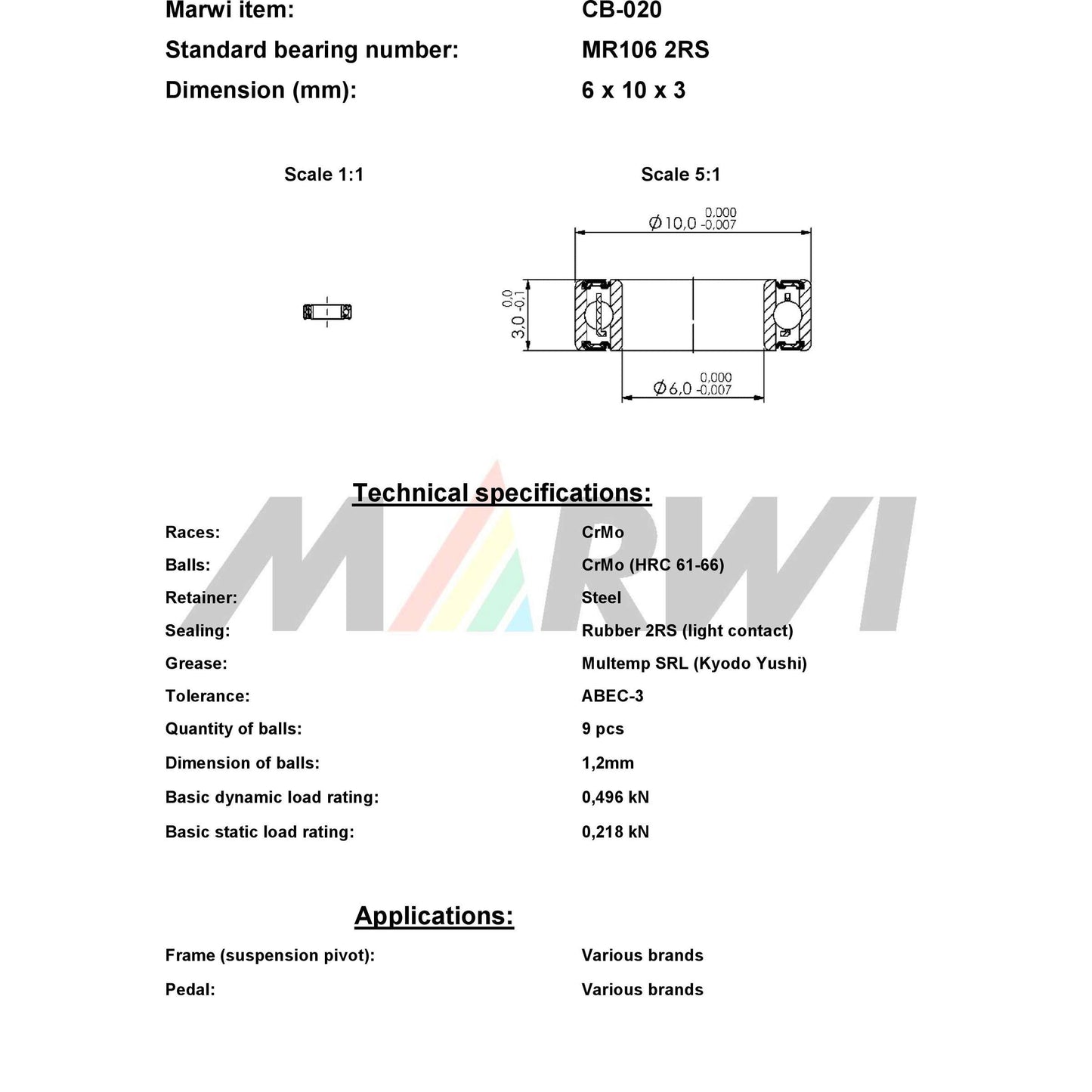 Marwi Kogellager CB-020 MR106 2RS 6x10x3