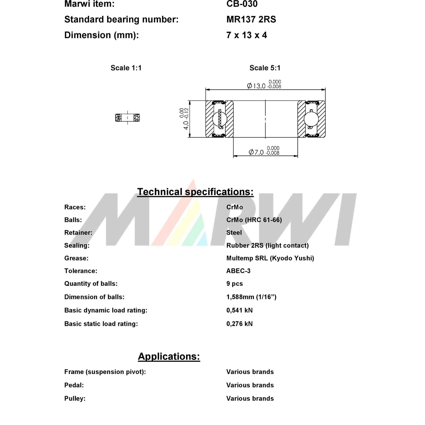 Marwi Kogellager CB-030 MR137 2RS 7x13x4