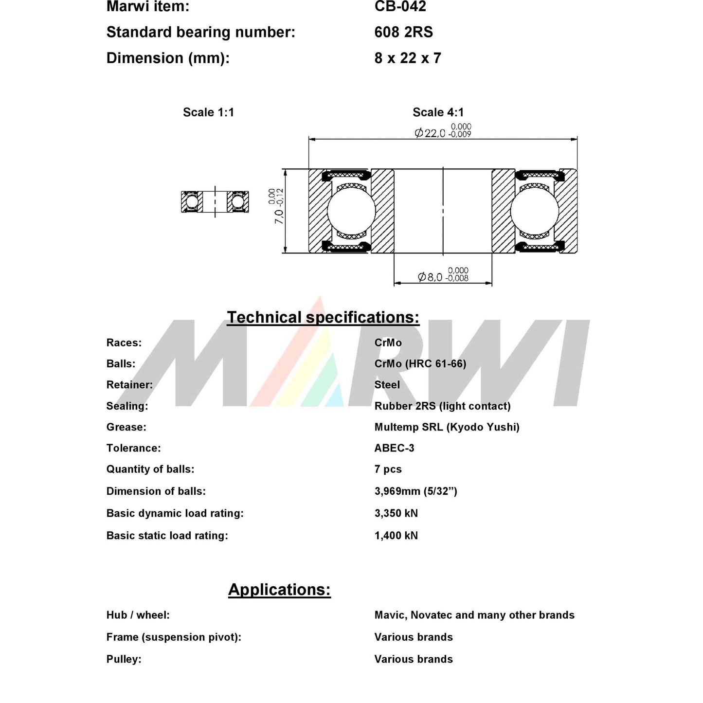 Marwi Kogellager CB-042 608 2RS 8x22x7