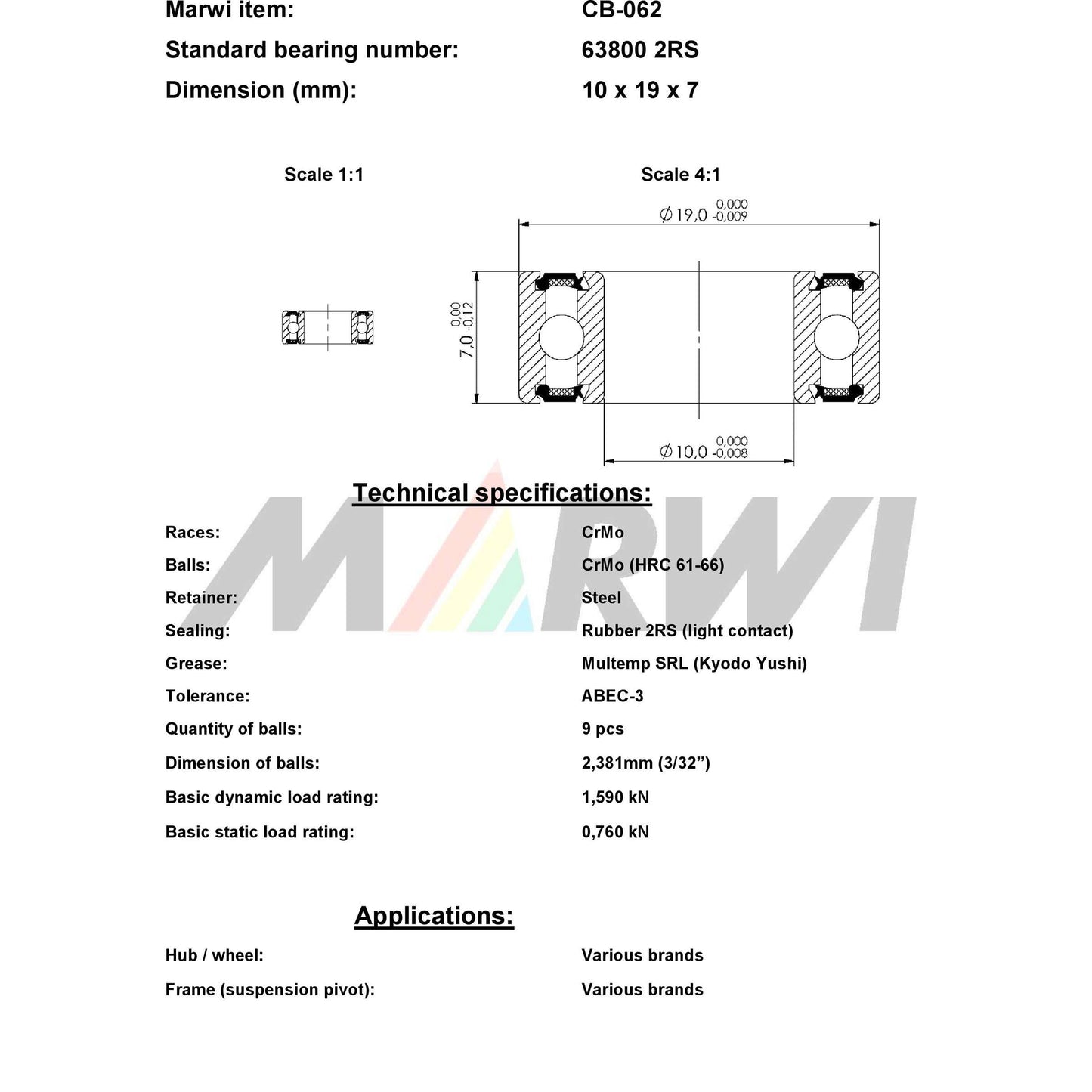 Marwi Kogellager CB-062 63800 2RS 10x19x7