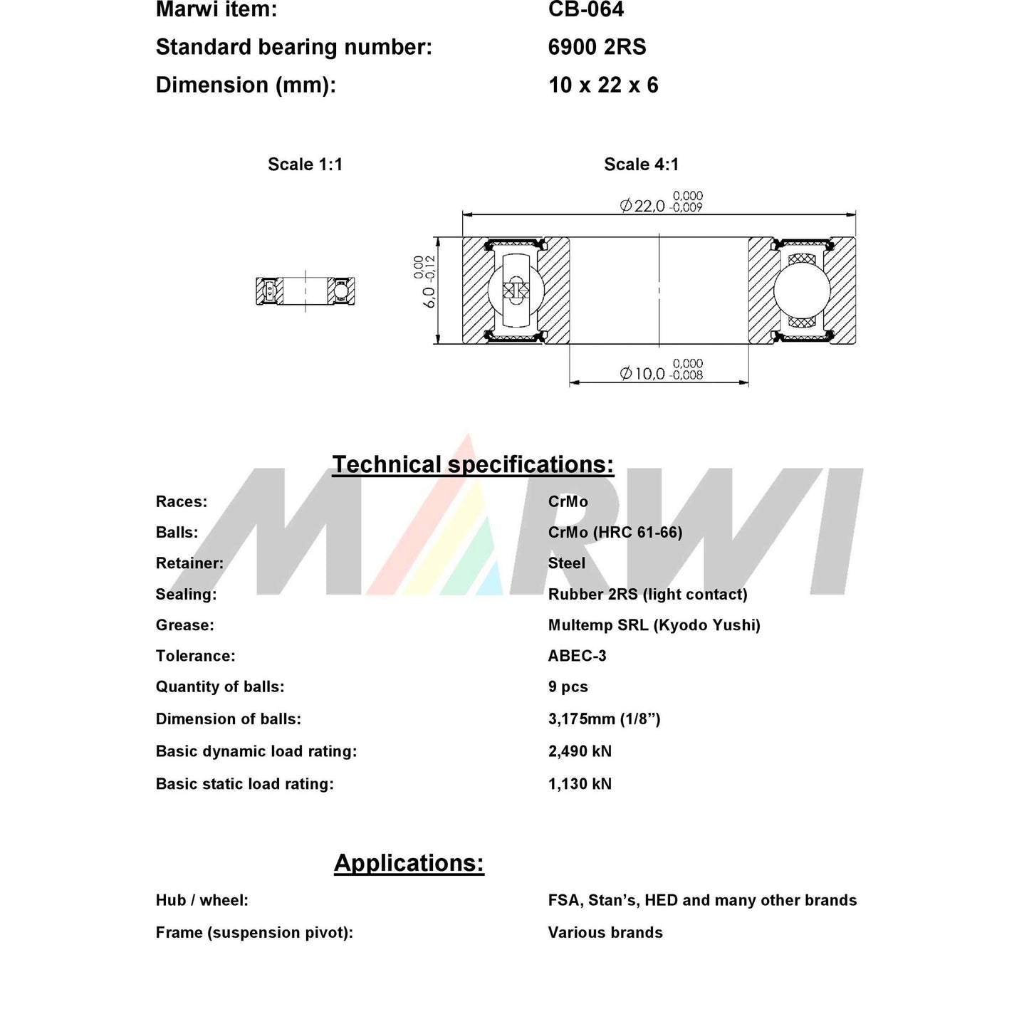 Marwi Kogellager CB-064 6900 2RS 10x22x6
