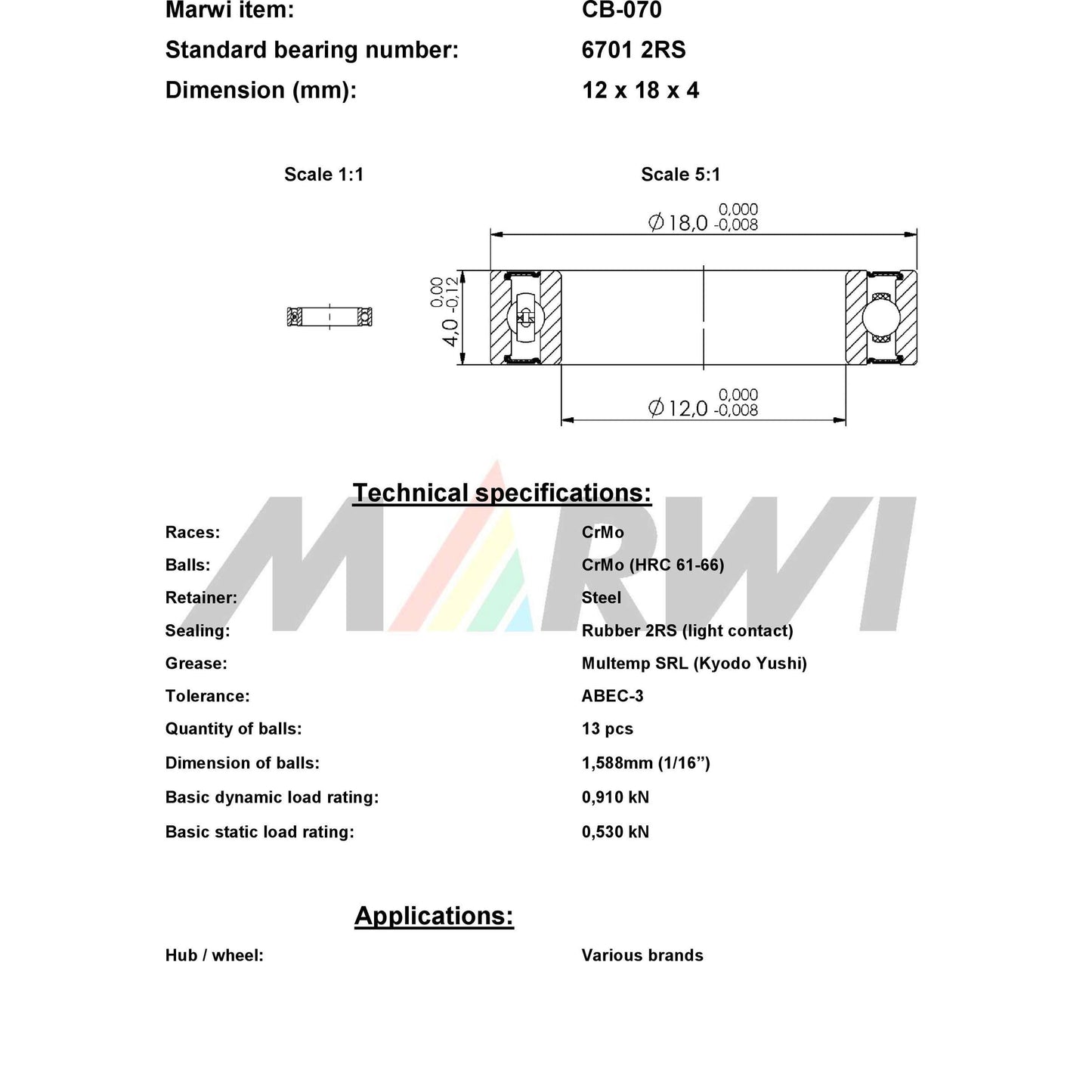 Marwi Kogellager CB-070 6701 2RS 12x18x4