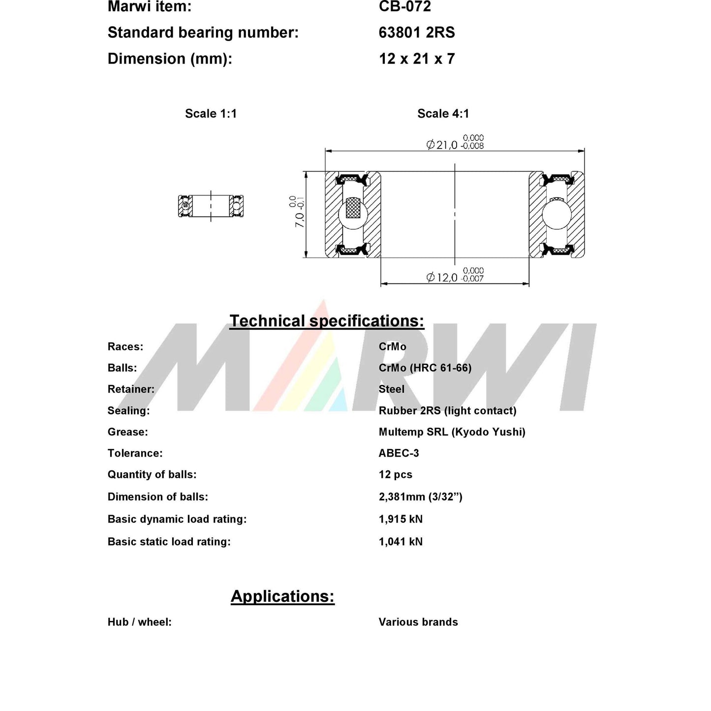 Marwi union kogellager cb-072 63801 2rs 12x21x7