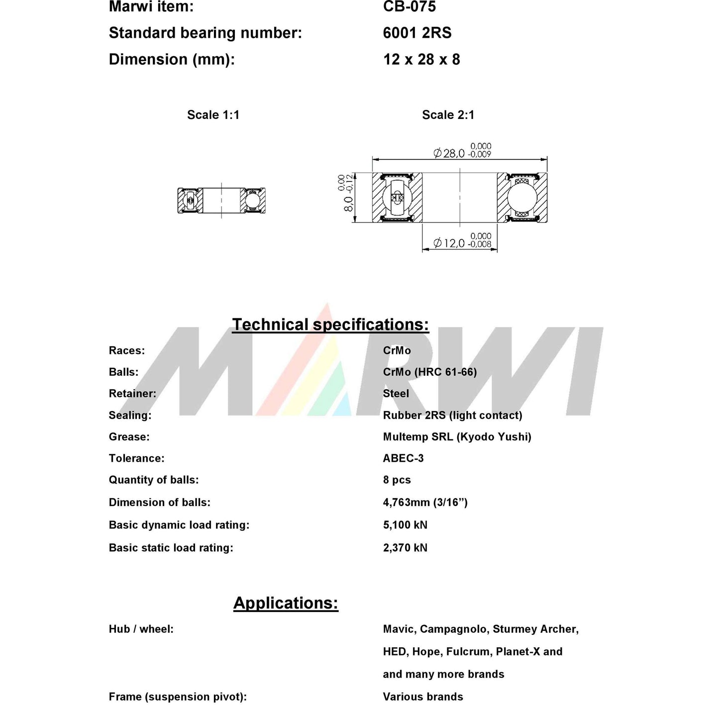 Marwi Kogellager CB-075 6001 2RS 12x28x8