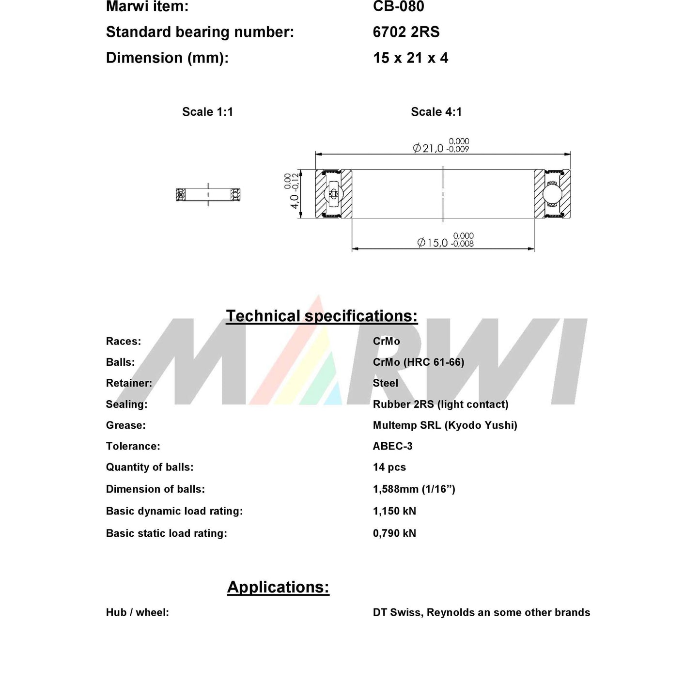 Marwi Kogellager CB-080 6702 2RS 15X21X4