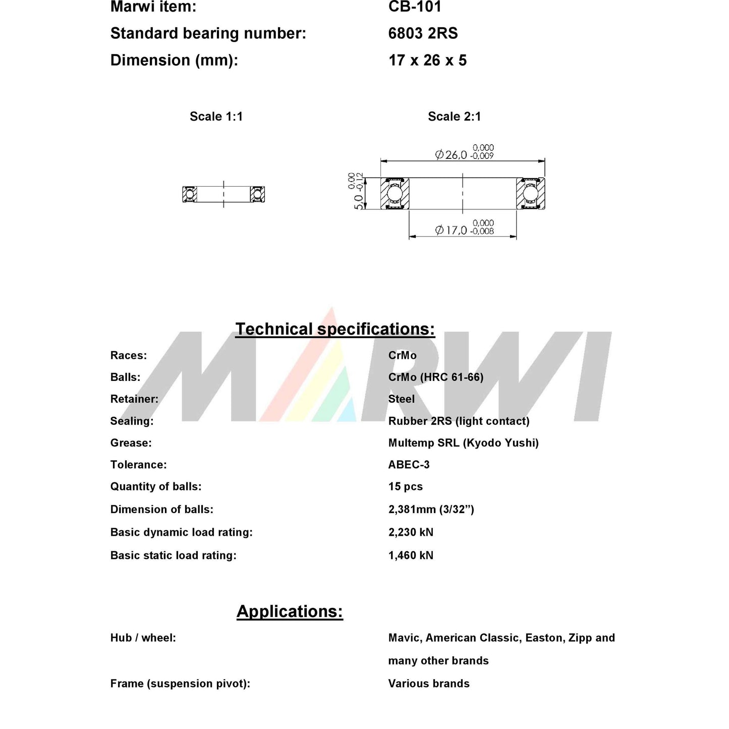 Marwi Kogellager CB-101 6803 2RS 17x26x5