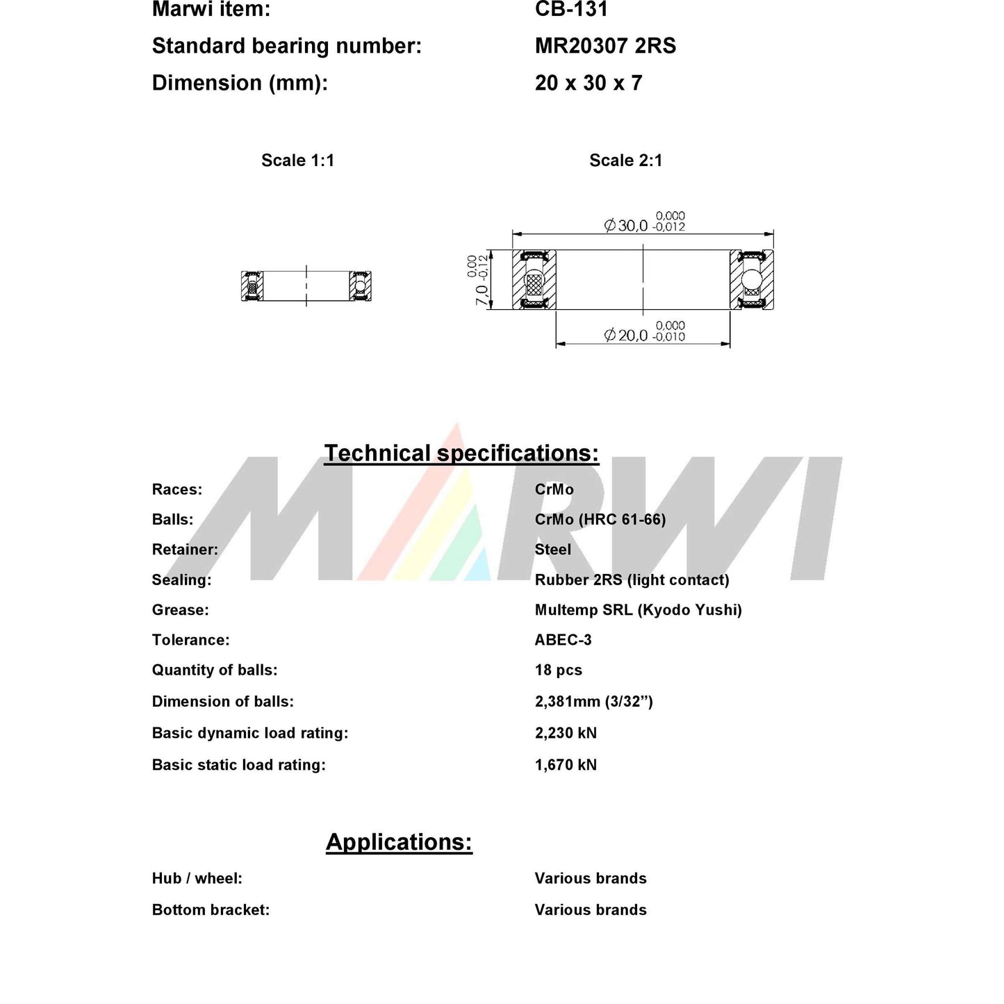 Marwi Kogellager CB-131 MR20307 2RS 20X30X7