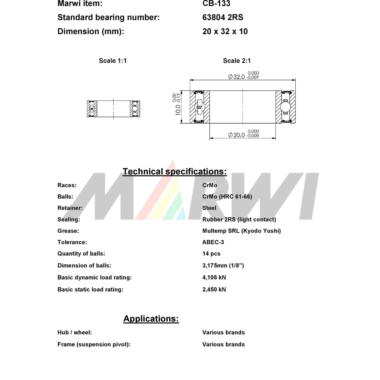 Marwi Kogellager CB-133 63804 2RS 20X32X10