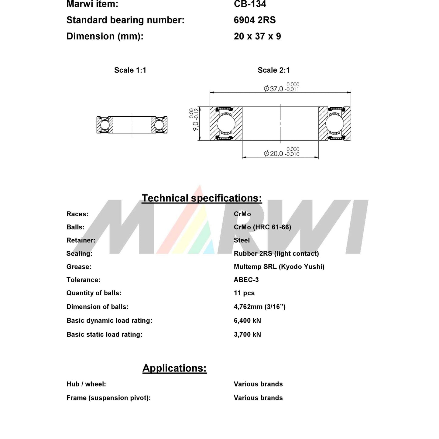 Marwi Kogellager CB-134 6904 2RS 20X37X9
