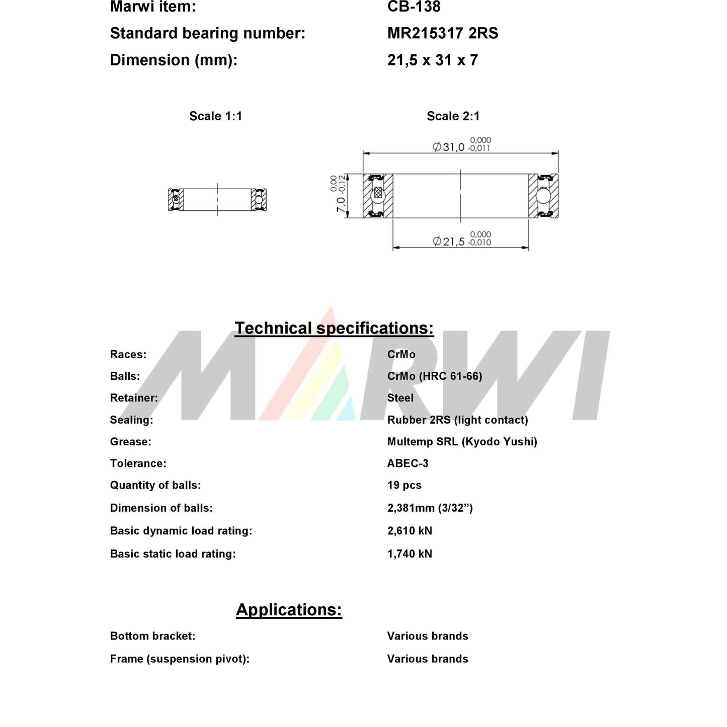 Marwi Kogellager CB-138 MR215317 21.5x31x7