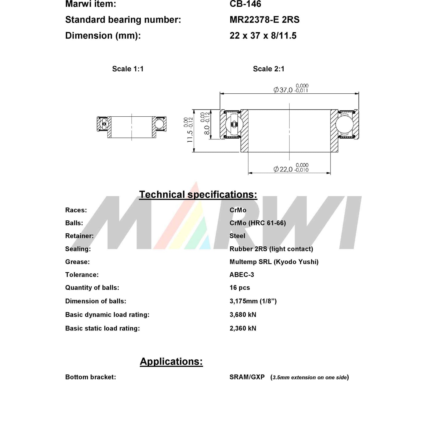 Marwi Kogellager CB-146 LLB MR22378-E 22x37x8 11½ ext