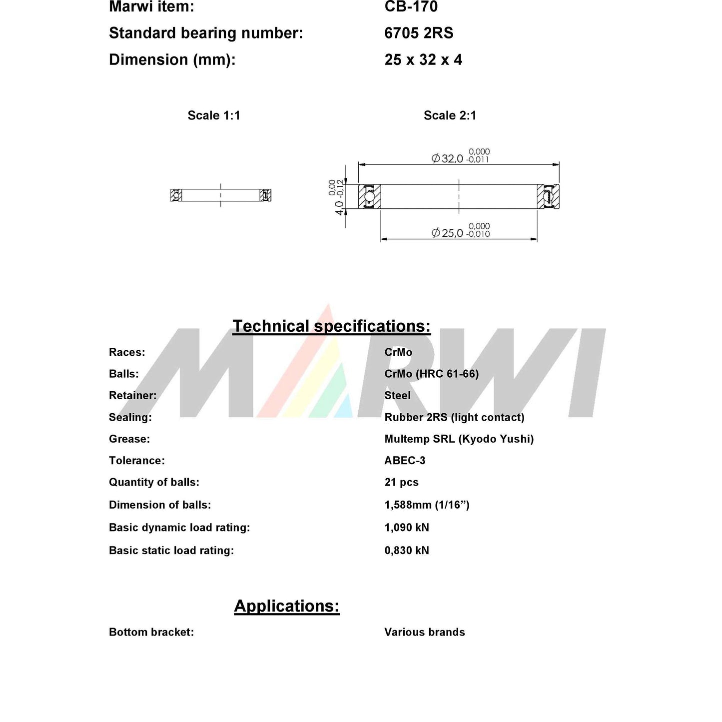 Marwi Kogellager CB-170 6705 2RS 25X32X4