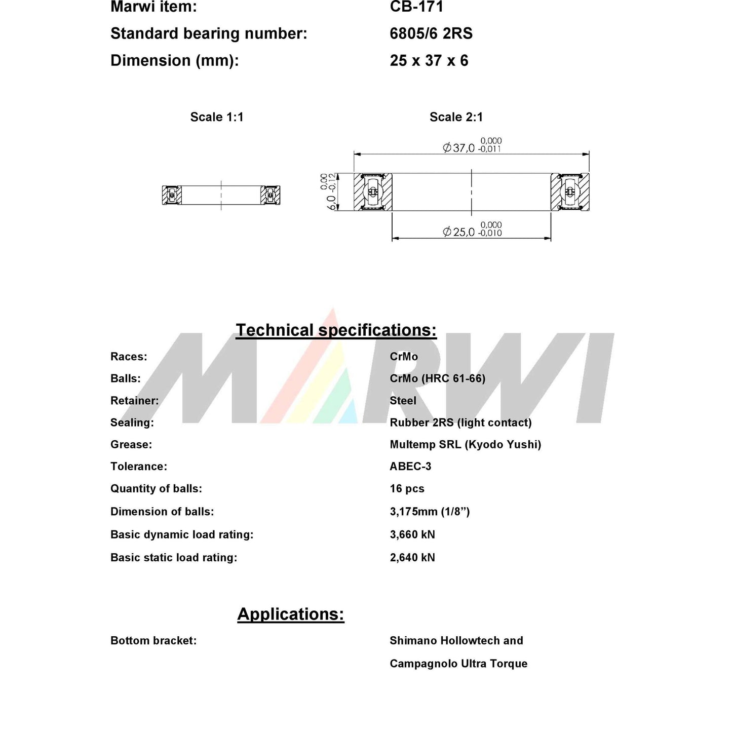 Marwi Kogellager CB-171 6805 6 2RS 25X37X6
