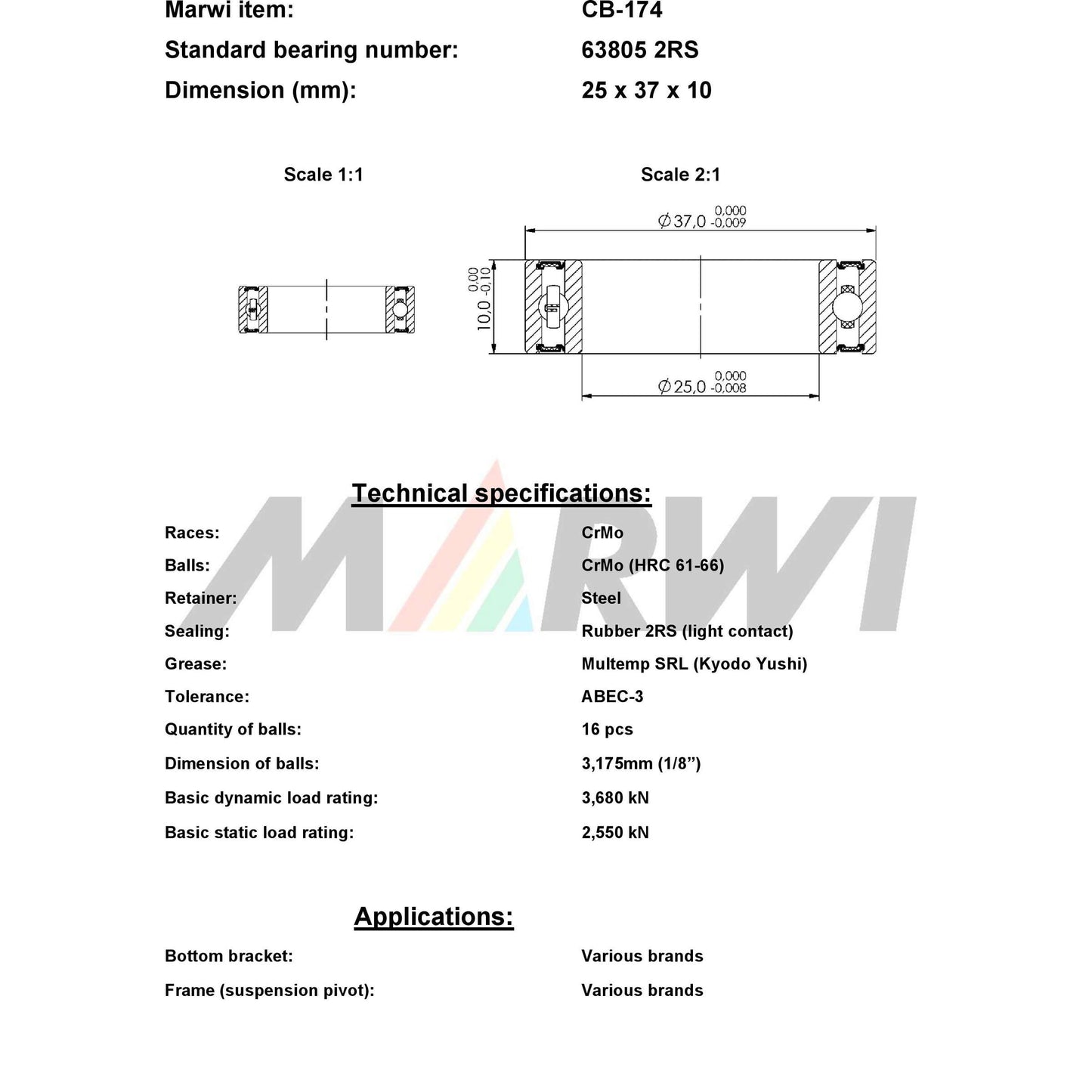Marwi Kogellager CB-174 63805 2RS 25X37X10