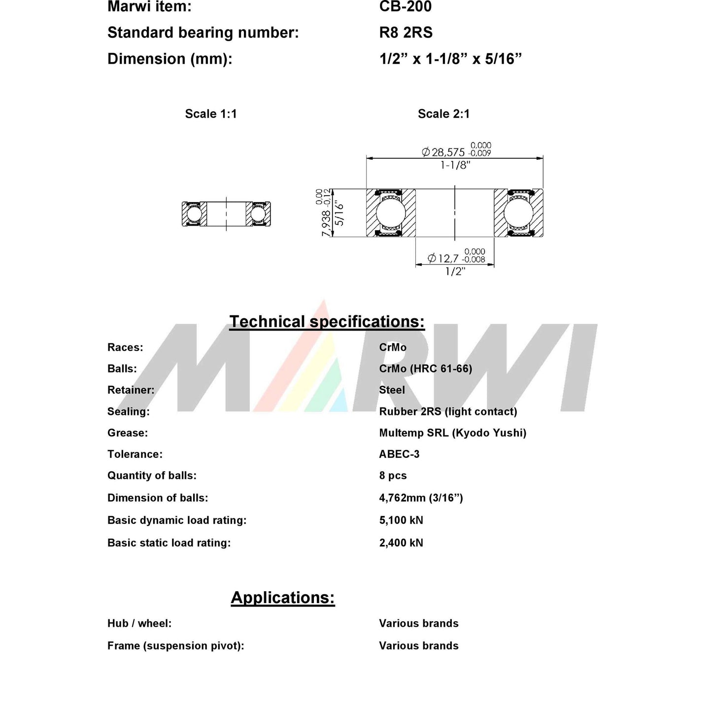 Marwi Kogellager CB-200 R8 2RS 1 2x1-1 8x 5 16