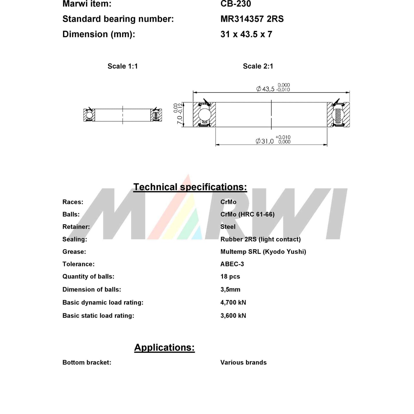 Union Kogellager CB-230 MR314357 2RS (31x43.5x7)