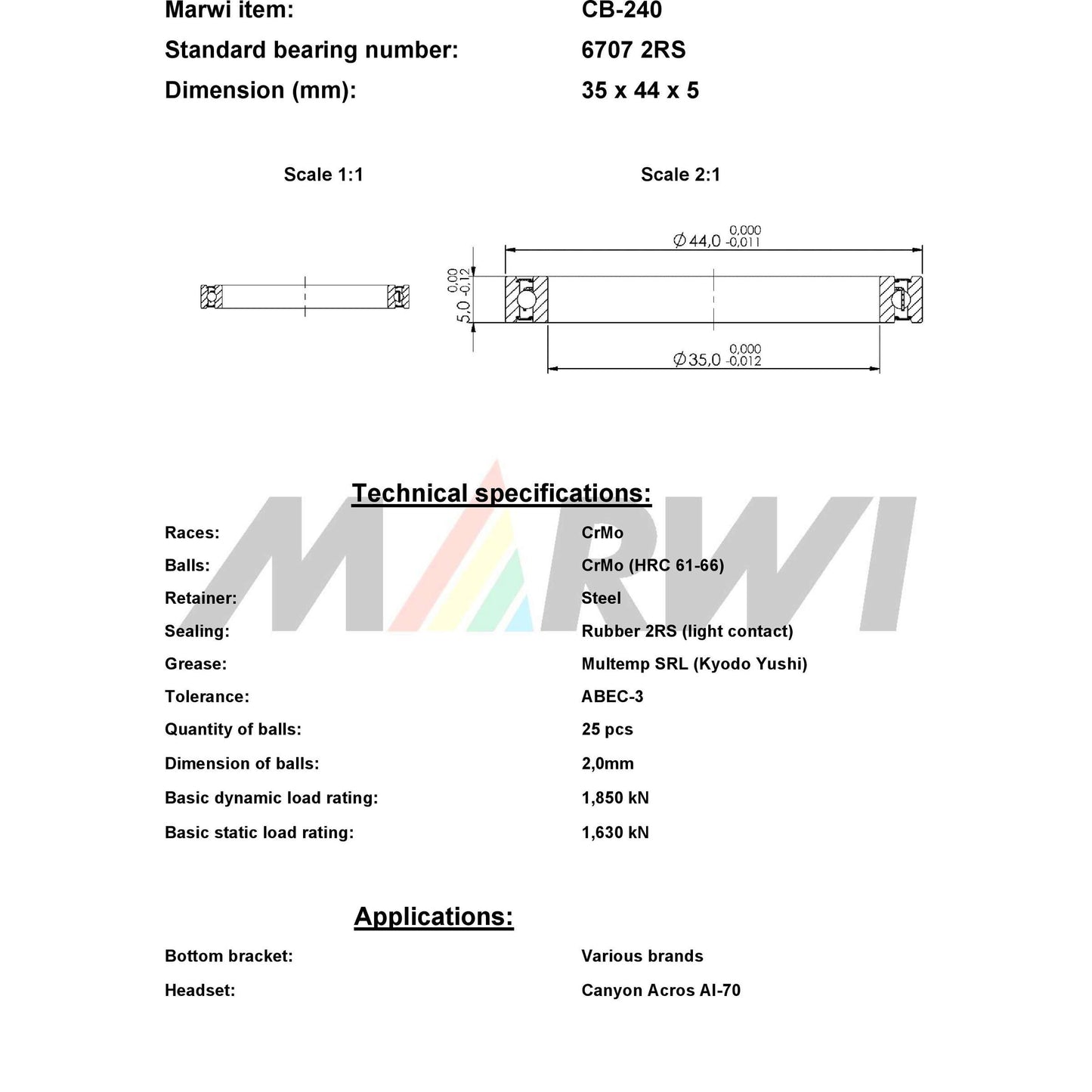 Marwi Kogellager CB-240 6707 2RS 35X44X5