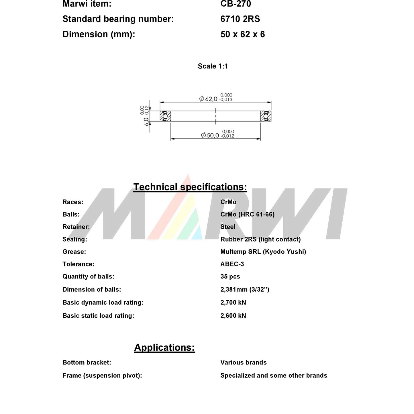 Marwi Kogellager CB-270 6710 2RS 50x62x6
