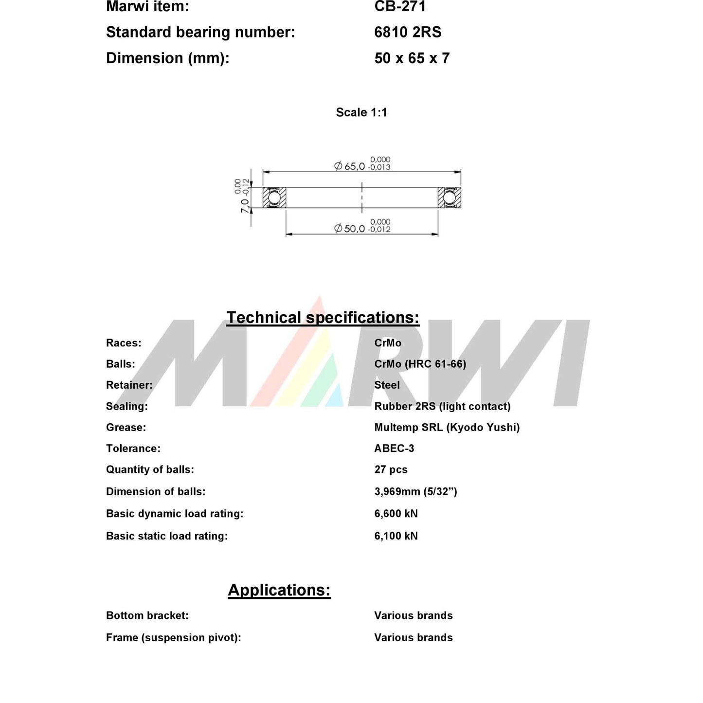 Marwi Kogellager CB-271 6810 2RS 50x65x7